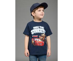 T-Shirt KIDSWORLD "CARS LIGHTNING MCQUEEN - Disney Shirt", Jungen, Gr. 128/134, blau (marine), Single Jersey, Obermaterial: 100% Baumwolle, bedruckt, Basic normal, Rundhals, abgesteppte Kante, Shirts