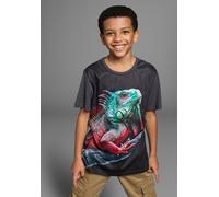 T-Shirt KIDSWORLD "Fotoprint: LITTLE LIZARD", Jungen, Gr. 164/170, grau (anthrazit), Jersey, Obermaterial: 100% Baumwolle. Vorderteil: 100% Polyester, bedruckt, Basic, Rundhals, Shirts T-Shirt, Kurzar