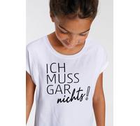 T-Shirt KIDSWORLD "Ich muss garnichts", Mädchen, Gr. 140/146, weiß, Single Jersey, Obermaterial: 100% Baumwolle, bedruckt, weit hüftbedeckend, Rundhals, Aufschlag, Shirts T-Shirt, Kurzarm, weite Passf