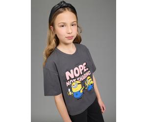 T-Shirt KIDSWORLD "MINIONS T-Shirt für TEENS Girls: NOPE", Mädchen, Gr. 176/182, anthrazit, Single Jersey, Obermaterial: 100% Baumwolle, bedruckt, Basic kurz, Rundhals, abgesteppte Kante, Shirts T-Shi