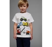T-Shirt KIDSWORLD "Mit allen BAGGER & CO. Print", Jungen, Gr. 128/134, weiß, Single Jersey, Obermaterial: 100% Baumwolle, bedruckt, Basic, Rundhals, Shirts T-Shirt, Kurzarm, bedruckt, Rundhalsausschni