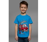 T-Shirt KIDSWORLD "Mit coolem FEUERWEHR Druck", Jungen, Gr. 104/110, blau (türkis), Single Jersey, Obermaterial: 100% Baumwolle, bedruckt, Basic, Rundhals, Shirts T-Shirt, Kurzarm, Basic-Passform, mit