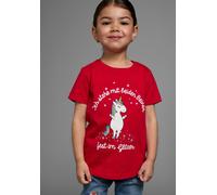 T-Shirt KIDSWORLD "Mit Einhorn-Druck und Glitzereffekten", Mädchen, Gr. 116/122, rot, Jersey, Obermaterial: 100% Baumwolle, bedruckt, Basic hüftlang, Rundhals, abgesteppte Kante, Shirts T-Shirt, mit s