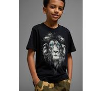 T-Shirt KIDSWORLD "Mit Löwenprint: LION WITH BLUE EYES", Jungen, Gr. 152/158, schwarz, Jersey, Obermaterial: 100% Baumwolle, bedruckt, Basic, Rundhals, Shirts T-Shirt, Kurzarm, Basic-Passform, mit tre