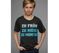 T-Shirt KIDSWORLD "Mit Spruch: ZU FRÜH, ZU MÜDE...", Jungen, Gr. 152/158, grau (anthrazit), Jersey, Obermaterial: 60% Baumwolle, 40% Polyester, meliert, Basic, Basic, Rundhals, Shirts T-Shirt, Kurzarm
