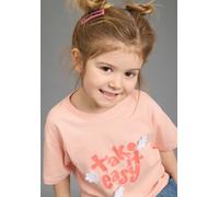 T-Shirt KIDSWORLD "mit süßen Druck und Häckelblumen", Mädchen, Gr. 140/146, aprikot, Single Jersey, Obermaterial: 100% Baumwolle, bedruckt, geblümt, lässig geschnitten, Rundhals, Shirts T-Shirt, lässi