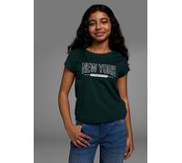 T-Shirt KIDSWORLD "New York - Print", Mädchen, Gr. 164/170, grün (flaschengrün), Single Jersey, Obermaterial: 100% Baumwolle, bedruckt, gerade taillenbedeckt, Rundhals, abgesteppte Kante, Shirts T-Shi