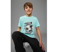 T-Shirt KIDSWORLD "Shirt mit Fußballmotiv: GOAL TIME", Jungen, Gr. 128/134, türkis meliert, Single Jersey, Obermaterial: 50% Baumwolle, 50% Polyester, bedruckt, Basic, Rundhals, Shirts T-Shirt, für Ju