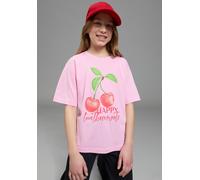 T-Shirt KIDSWORLD "Shirt mit Kirschen-Print", Mädchen, Gr. 128/134, pink, Single Jersey, Obermaterial: 100% Baumwolle, bedruckt, lässig geschnitten, Rundhals, Shirts T-Shirt, lässige Passform, Kurzarm