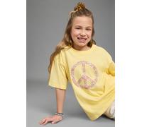 T-Shirt KIDSWORLD "T-Shirt Peacezeichen-Druck", Mädchen, Gr. 164/170, gelb, Single Jersey, Obermaterial: 100% Baumwolle, bedruckt, geblümt, lässig geschnitten, Rundhals, Shirts T-Shirt, lässige Passfo