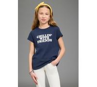 T-Shirt KIDSWORLD "T-Shirt Spruch: CHILLIN' WITH FRIENDS", Mädchen, Gr. 128/134, marine, Single Jersey, Obermaterial: 100% Baumwolle, bedruckt, Basic, Rundhals, Shirts T-Shirt, für Mädchen, Kurzarm, R
