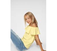 T-Shirt KIDSWORLD "Volant-Shirt", Mädchen, Gr. 152/158, gelb, Single Jersey, Obermaterial: 100% Baumwolle, unifarben, weit taillenbedeckt, Carmenausschnitt, Volant, Shirts T-Shirt, Kurzarm, weite Pass