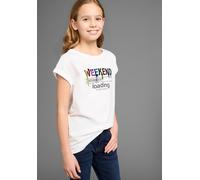 T-Shirt KIDSWORLD "WEEKEND loading...please wait", Mädchen, Gr. 128/134, weiß, Single Jersey, Obermaterial: 100% Baumwolle, bedruckt, weit hüftbedeckend, Rundhals, Aufschlag, Shirts T-Shirt, Kurzarm,
