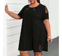 T-Shirt-Kleid in A-Linie mit weiter Passform, kurzem Ärmel, Rundhalsausschnitt und gerissenem Strickmuster für Große Größen