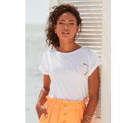 T-Shirt LASCANA, Damen, Gr. 32/34, weiß, Single Jersey, Obermaterial: 100% Baumwolle, unifarben, figurumspielend hüftlang, Rundhals, Aufschlag, Shirts T-Shirt, mit glänzendem Print, Kurzarmshirt aus B