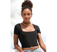 T-Shirt LASCANA, Damen, Gr. 36/38, schwarz, Jersey, Obermaterial: 95% Polyester, 5% Elasthan, unifarben, figurbetont hüftlang, eckiger Ausschnitt, eng, Shirts T-Shirt, aus bügelfreiem Material, elegan