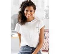 T-Shirt LASCANA, Damen, Gr. 40/42, weiß, Single Jersey, Obermaterial: 100% Baumwolle, unifarben, figurumspielend hüftlang, Rundhals, Aufschlag, Shirts T-Shirt, mit glänzendem Print, Kurzarmshirt aus B