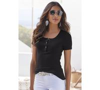 T-Shirt LASCANA "mit kurzer Knopfleiste", Damen, Gr. 36/38, schwarz, Rippware, Obermaterial: 95% Viskose, 5% Elasthan, unifarben, bequem, Rundhals, Shirts T-Shirt, aus weicher Viskose-Ripp-Qualität (5