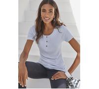 T-Shirt LASCANA "mit kurzer Knopfleiste", Damen, Gr. 40/42, blau (hellblau), Rippware, Obermaterial: 95% Viskose, 5% Elasthan, unifarben, casual, bequem, Rundhals, Kurzarm, Shirts, aus weicher Viskose