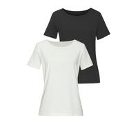 T-Shirt LASCANA "mit Rundhals-Ausschnitt", Damen, Gr. 32/34, beige (creme, schwarz), Single Jersey, Obermaterial: 50% Baumwolle, 45% Modal (TENCEL™), 5% Elasthan, unifarben, Basic, bequem, Rundhals, S