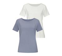 T-Shirt LASCANA "mit Rundhals-Ausschnitt", Damen, Gr. 36/38, blau (hellblau, creme), Single Jersey, Obermaterial: 50% Baumwolle, 45% Modal (TENCEL™), 5% Elasthan, unifarben, Basic, bequem, Rundhals, S