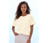 T-Shirt LASCANA "mit Strasssteinen", Damen, Gr. 36/38, gelb, Single Jersey, Obermaterial: 50% Baumwolle, 50% Viskose (LENZING™ ECOVERO™), Glitzermuster, lässig geschnitten normal, Rundhals, angeschnit