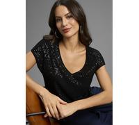 T-Shirt LAURA SCOTT, Damen, Gr. 34, schwarz, Jersey, Obermaterial: 95% Viskose, 5% Elasthan. Einsatz: 95% Polyester, 5% Elasthan, glänzend, unifarben, festlich, bequem hüftbedeckend, tiefer V-Ausschni