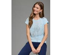 T-Shirt LAURA SCOTT, Damen, Gr. 40/42, hellblau, Web, Obermaterial: 100% Polyester, Glitzermuster, figurumspielend hüftlang, U-Boot-Ausschnitt, Shirts T-Shirt, mit Glitzerdurck und Leinen-Optik (27366