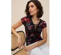 T-Shirt LAURA SCOTT, Damen, Gr. 42, schwarz, Jersey, Obermaterial: 95% Viskose, 5% Elasthan, bedruckt, geblümt, gemustert, mehrfarbig, figurbetont hüftbedeckend, tiefer V-Ausschnitt, Shirts T-Shirt, f