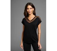 T-Shirt LAURA SCOTT, Damen, Gr. 44/46, schwarz, Jersey, Obermaterial: 95% Viskose, 5% Elasthan. Netz: 100% Polyester, Mesh, unifarben, figurumspielend hüftlang, V-Ausschnitt, Shirts T-Shirt, mit Mesh-