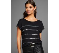 T-Shirt LAURA SCOTT, Damen, Gr. 44, schwarz, Single Jersey, Obermaterial: 95% Viskose, 5% Elasthan, Glitzerstreifen, gestreift, unifarben, figurumspielend hüftlang, Rundhals, angeschnitten, Shirts T-S