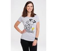 T-Shirt LOGOSHIRT "Snoopy & Woodstock Happiness", Damen, Gr. L, grau (grau, meliert), 95% Baumwolle, 5% Viskose, bedruckt, meliert, normal, Rundhals, Shirts T-Shirt, Print (39633641-L) grau, meliert