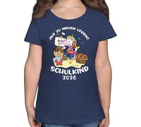 T-Shirt Mädchen - Einschulung - Auf zu neuen Ufern! Schulkind 2026 - Einhorn Pirat - 128 (7/8 Jahre) - Dunkelblau Meliert - Schulanfang Tshirt einschulungsshìrts schulanfänger einhörner Shirt