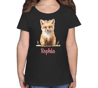 T-Shirt Mädchen - Fuchs Aquarell | Fuchsmotiv | Fuchs Geschenk - 116 (5/6 Jahre) - Schwarz - Kindergarten Shirt +mit+Fuchs Tiere Tshirt personalisiertes Kinder Personalisieren Fuchs- Shirts Kita
