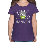 T-Shirt Mädchen - Katzen - Bild Comic Katze lustig und Dein Name - 140 (9/11 Jahre) - Lila Meliert - Katzen-Shirt Shirt katzenmotiv cat Junge Tshirt Kinder Cats der Shirts t katzenmotiven