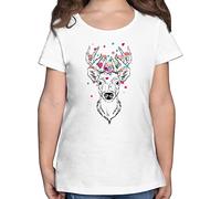 T-Shirt Mädchen - Kompatibel Oktoberfest Kinder Trachtenshirt - Hirsch mit kleinen Blumen - schwarz - 104 (3/4 Jahre) - Weiß - Trachten Outfit Kind bayrisch geweih Tshirt trachtenshirts Bayern