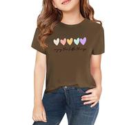 T-Shirt Mädchen Kurzarm Tops Kinder Tshirts Einfarbige Casual Sport Rundhals Tees Oberteile T-Shirt Mädchen Kurz Batik Top Tie-dye Kurzarm Oberteil Einfarbig Streifen (Coffee, 10-11Years)