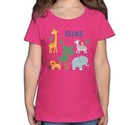 T-Shirt Mädchen - Safari Tiere Zootiere Zoo Giraffe Zebra Löwe Elefant - 128 (7/8 Jahre) - Fuchsia - Shirt Kinder Name personalisierte Geschenke Tshirt personalisiertes Tier Shirts Kind Tieren t