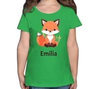 T-Shirt Mädchen - Süßer Fuchs Geschenk mit Name personalisiert I Wildtiere I Raubtier I Fox - 128 (7/8 Jahre) - Grün - Kindergarten Shirt +mit+Fuchs fuchsmotiv Tshirt personalisiertes Kinder