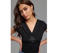 T-Shirt MELROSE, Damen, Gr. 36, schwarz, Jersey, Obermaterial: 95% Viskose, 5% Elasthan, unifarben, sehr figurbetont hüftlang, tiefer V-Ausschnitt, angeschnitten, Shirts T-Shirt, sehr figurbetonter Sc