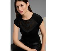 T-Shirt MELROSE, Damen, Gr. 40, schwarz, Jersey, Obermaterial: 95% Viskose, 5% Elasthan. Besatz: 89% Polyamid, 11% metallisierte Fasern, Glitzerstreifen, Mesh, leicht transparent, unifarben, sehr figu