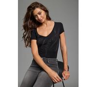 T-Shirt MELROSE, Damen, Gr. 40, schwarz, Jersey, Obermaterial: 95% Viskose, 5% Elasthan, Glitzerstreifen, unifarben, tailliert hüftlang, tiefer V-Ausschnitt, Shirts T-Shirt, taillierte Passform, tiefe
