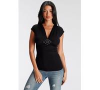 T-Shirt MELROSE, Damen, Gr. 42, schwarz, Jersey, Obermaterial: 95% Viskose, 5% Elasthan, unifarben, sehr figurbetont hüftlang, tiefer V-Ausschnitt, angeschnitten, Shirts T-Shirt, sehr figurbetonter Sc