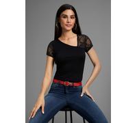 T-Shirt MELROSE, Damen, Gr. 46, schwarz, Jersey, Obermaterial: 95% Viskose, 5% Elasthan. Spitze: 95% Polyester, 5% Elasthan, unifarben, sehr figurbetont hüftlang, asymmetrischer Ausschnitt, Shirts T-S