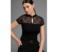 T-Shirt MELROSE, Damen, Gr. 46, schwarz, Jersey, Obermaterial: 95% Viskose, 5% Elasthan. Spitze: 95% Polyester, 5% Elasthan, leicht transparent, tailliert hüftlang, Shirts T-Shirt, taillierte Passform