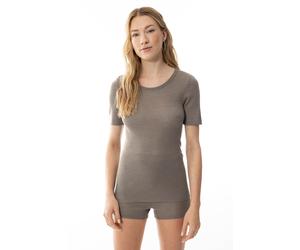 T-Shirt MEY "Wool Love", Damen, Gr. XXL/XXXL, grau (deep taupe), Obermaterial: 70% Schurwolle, 30% Seide, schmal hüftbedeckend, Rundhals, Shirts T-Shirt, schmale Passform, Kurzarm, Merino-Schurwolle (