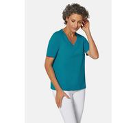 Langarm-Poloshirt GOLDNER "Halbarm Basic-Shirt aus Baumwolle", Damen, Gr. 54, blau (petrol), Obermaterial: 95% Baumwolle CO. 5% Elasthan EL., V-Ausschnitt, Tubular, Shirts, Ausschnitt in Herzform mit 