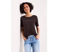 Kurzarmshirt STREET ONE, Damen, Gr. 40, espresso braun, Jersey, Obermaterial: 50% Baumwolle, 50% Modal, bestickt, unifarben, normal hüftbedeckend, Rundhals, Shirts, Sommershirt mit Rundhals und Schmuc