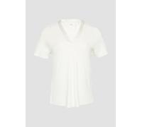 T-Shirt S.OLIVER BLACK LABEL, Damen, Gr. 36, beige (ecru), Web, Obermaterial: 100% Viskose, unifarben, normal hüftbedeckend, V-Ausschnitt, Shirts T-Shirt, mit satiniertem V-Ausschnitt (95791426-36) ec