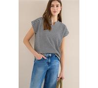Print-Shirt CECIL, Damen, Gr. XL (44), schwarz-weiß (universal blau), Web, 42% Baumwolle, 42% Polyester, 14% Viskose, 2% Elasthan, gestreift, comfort fit normal, V-Ausschnitt, abgesteppt, Shirts, im s